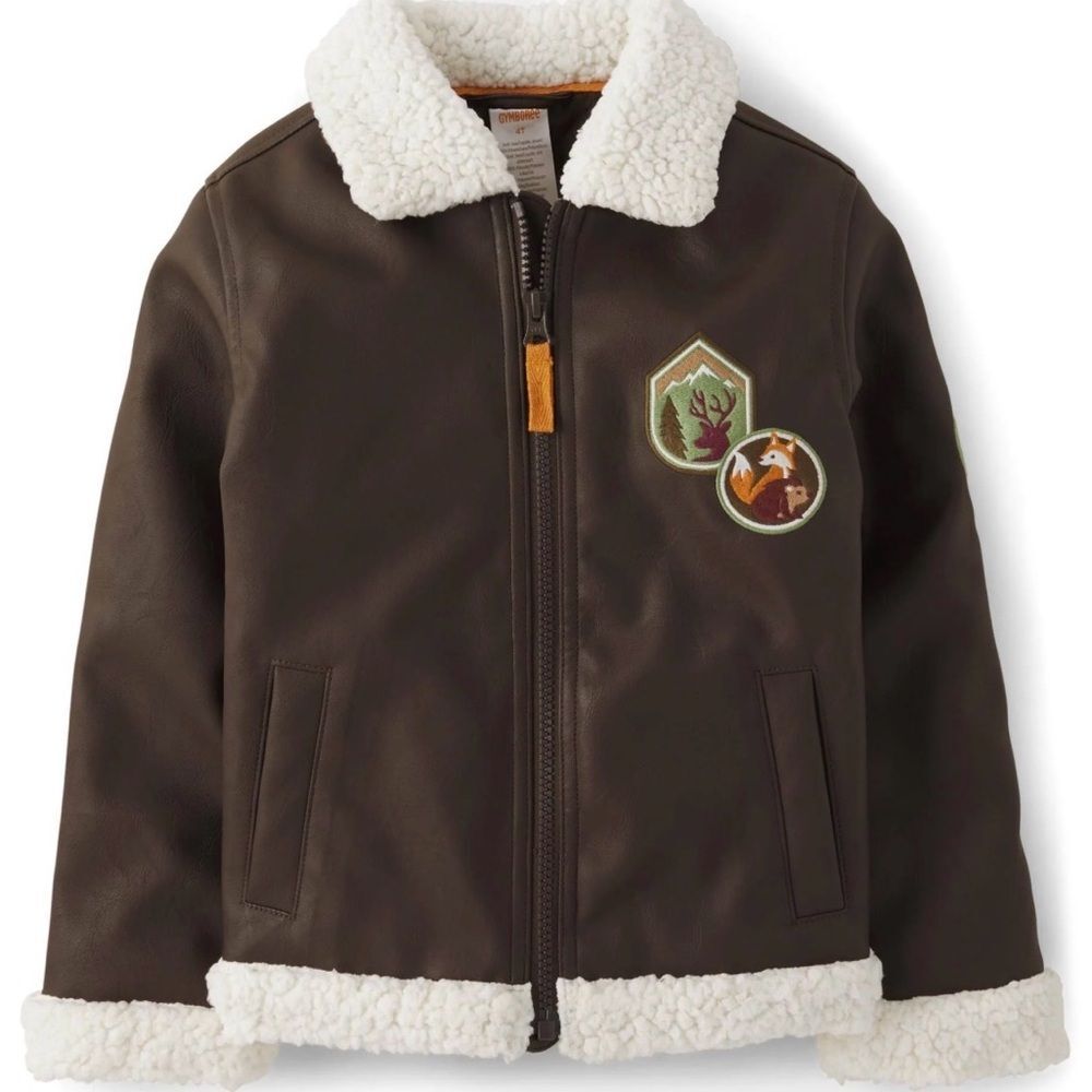 New Boys Brown Embroidered Patch Faux Leather Bomber Jacket Enchanted Forest 12